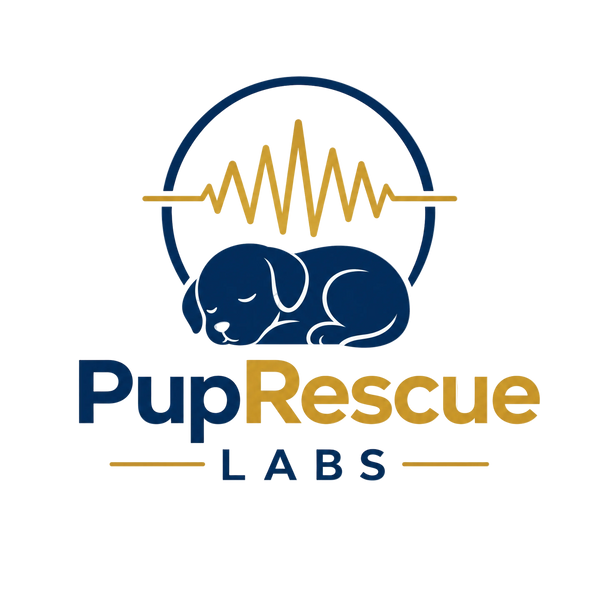 A logo-style graphic for PupRescue Labs featuring a sleeping dark blue puppy inside a circular outline with a gold heartbeat line, above the text 'PupRescue LABS' in dark blue and gold on a white background.